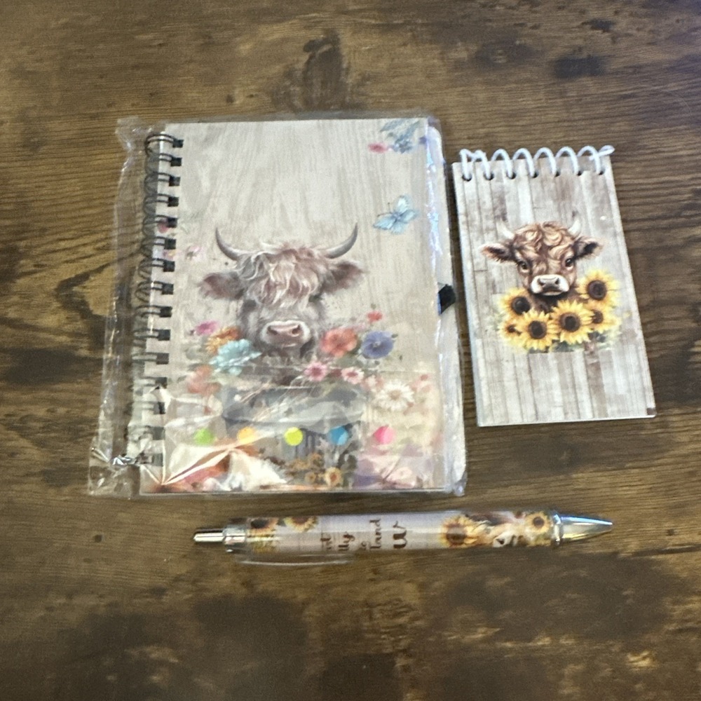 Highland Cow Floral Mini‎ Notebook and Pen 3 piece Set NIB